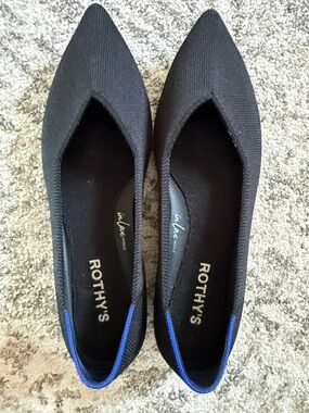 Worn once - Rothy's Black Pointed Knit Flats with Blue Heel Trim